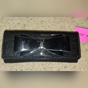 NWT Betsey Johnson Black Glitter Clutch with Bow And Crossbody Strap